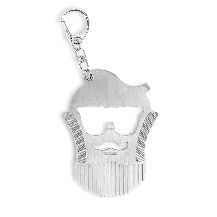 Stainless steel keychain multi-tool shaped like a bearded man's face with sunglasses, doubling as a beard comb.