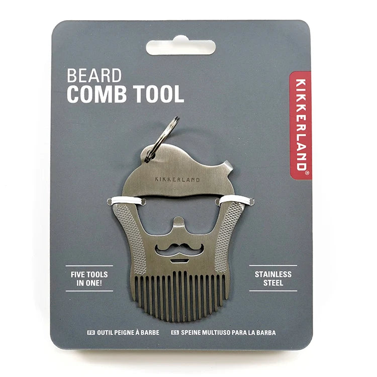 Beard comb tool packaging on white background.