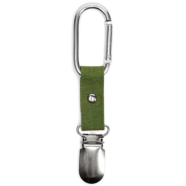 Olive green canvas strap with a silver carabiner and suspender-style clip, designed to attach a hat to a bag or belt.