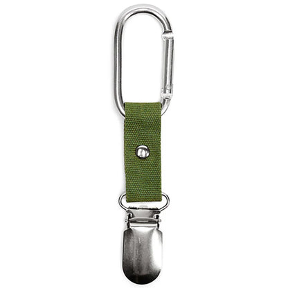 Olive green canvas strap with a silver carabiner and suspender-style clip, designed to attach a hat to a bag or belt.