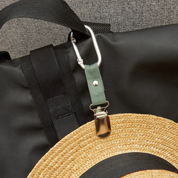 Travel hat clip shown attached to a sun hat.
