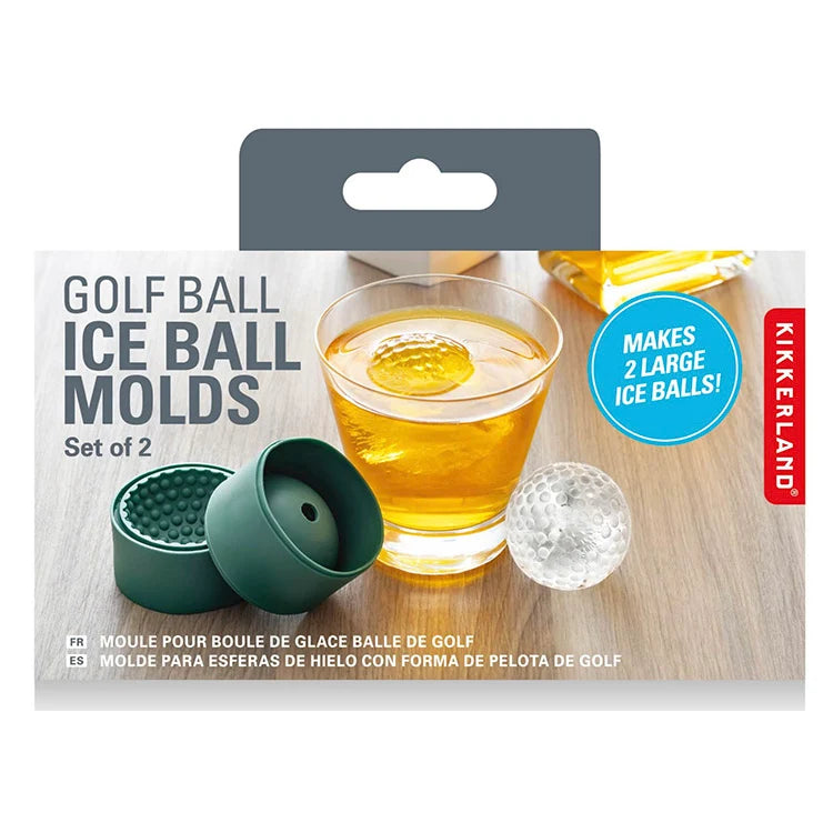 Golf ball ice mold packaging on white background.