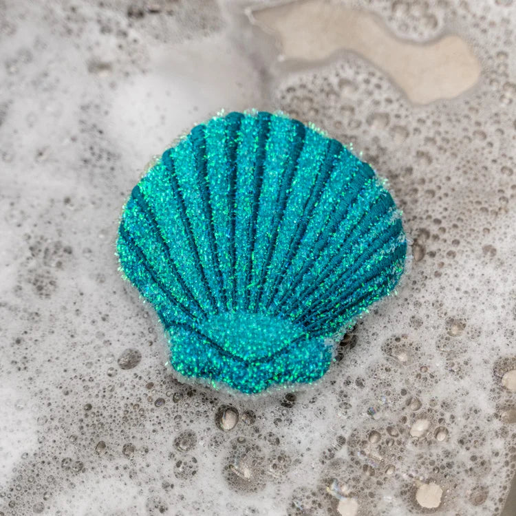 Pink and teal glitter seashell scrub sponge set for kitchen dishwashing.
