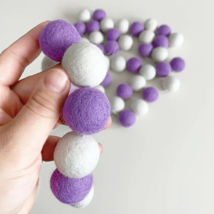 Purple and White Felted Ball Garland