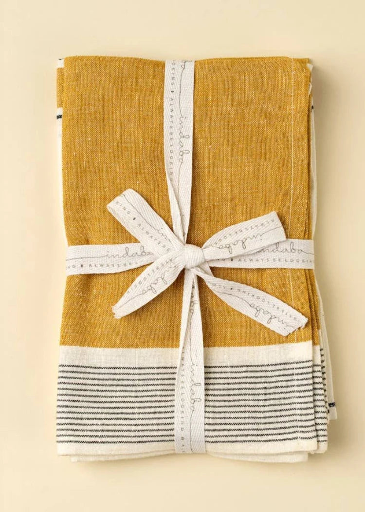 French Stripe Linen Tea Towels Set of 2 in yellow, detail view - PABOOM