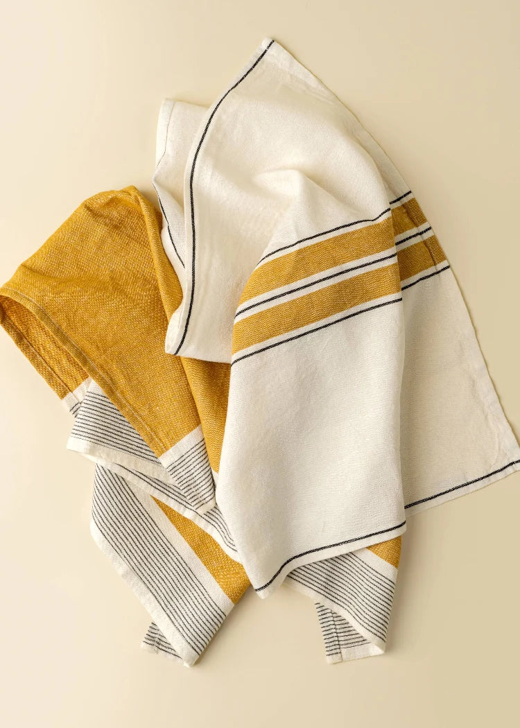 French Stripe Linen Tea Towels Set of 2 in yellow, folded view - PABOOM