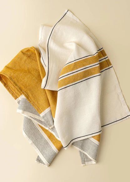 French Stripe Linen Tea Towels Set of 2 in yellow, folded view - PABOOM