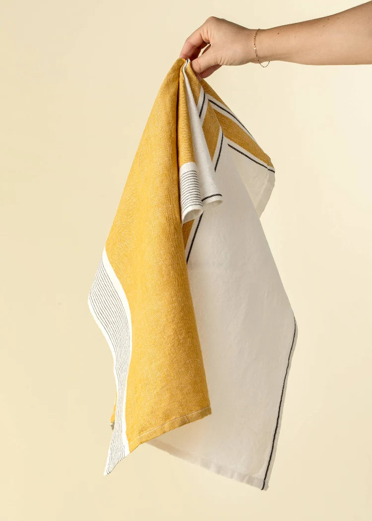 French Stripe Linen Tea Towels Set of 2 in yellow, styled view - PABOOM
