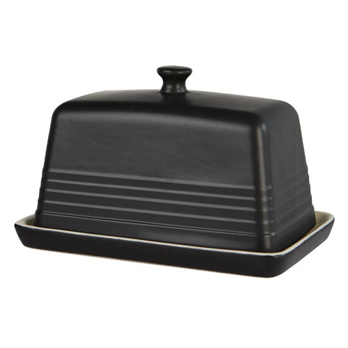 Matte black stoneware covered butter dish with ridged lid and cream base - PABOOM