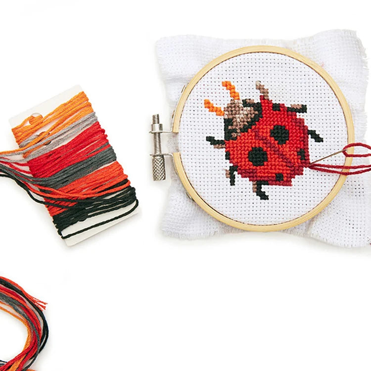 Ladybug mini cross stitch kit contents including embroidery hoop and colour threads.