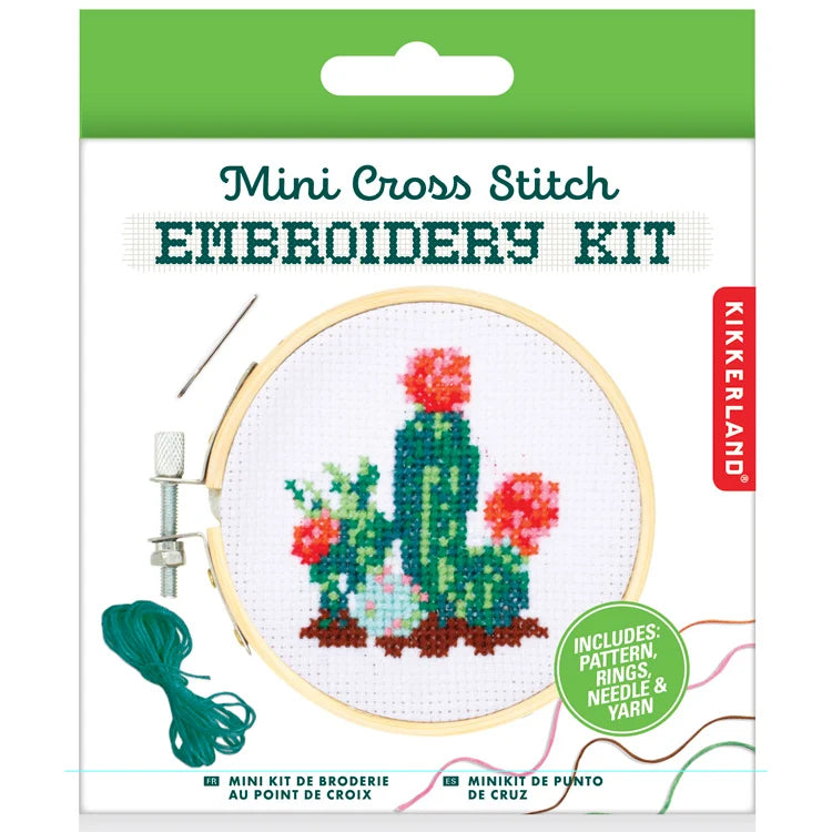 Cactus mini cross stitch kit packaging on white background.