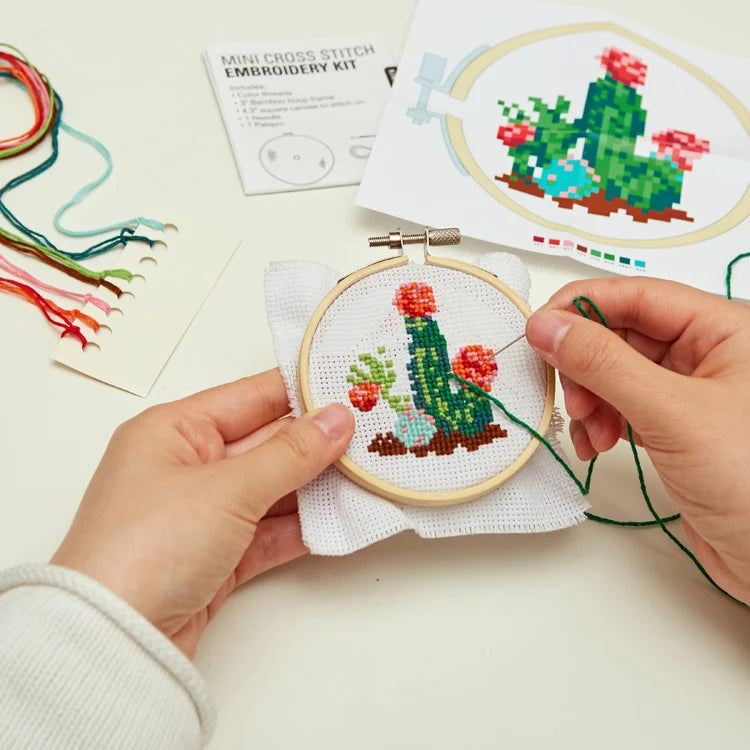 Cactus mini cross stitch kit contents including thread and hoop.
