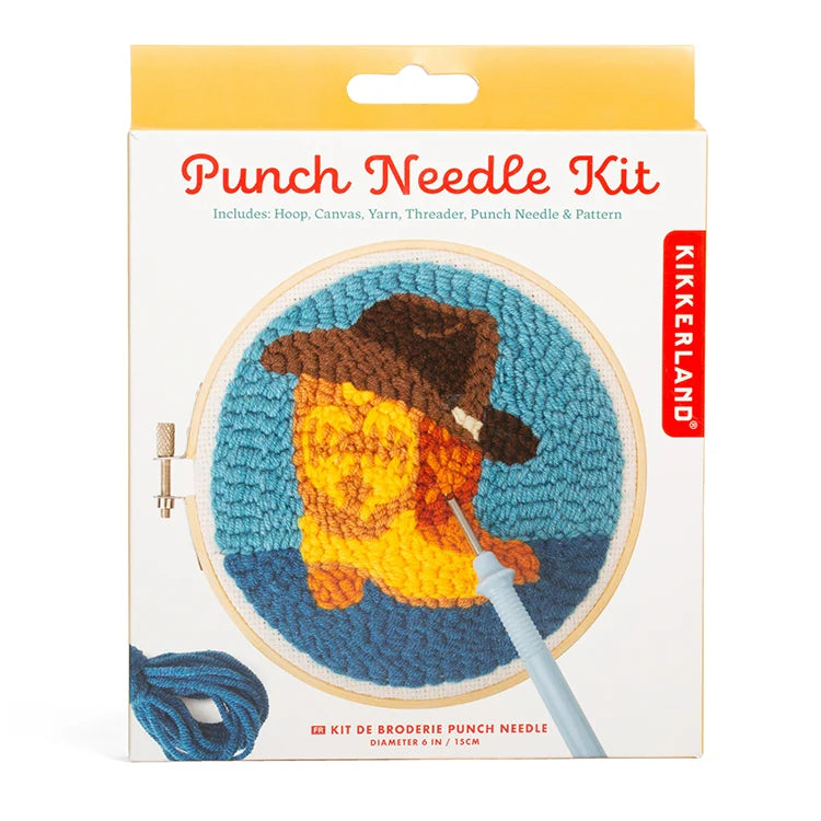 Western punch needle kit packaging on white background.