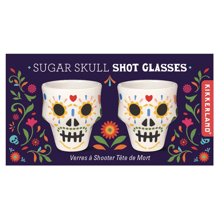 Sugar skull shot glasses packaging on white background.