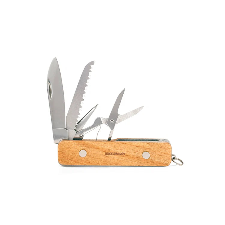 Open Huckleberry pocket knife with beechwood handle showing blade, saw, and scissor tool attachments.