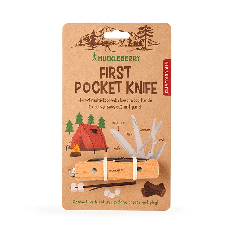 Huckleberry pocket knife tools fanned out to display all four functions.
