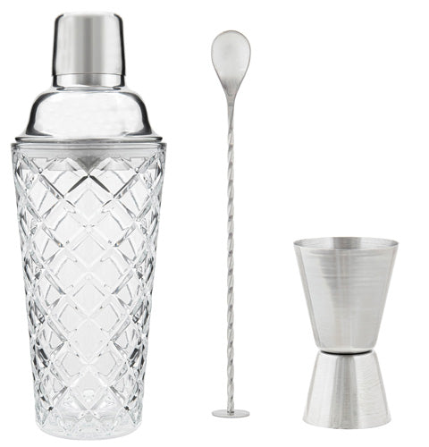 Diamond-cut glass cocktail shaker with stainless steel bar spoon and jigger - PABOOM
