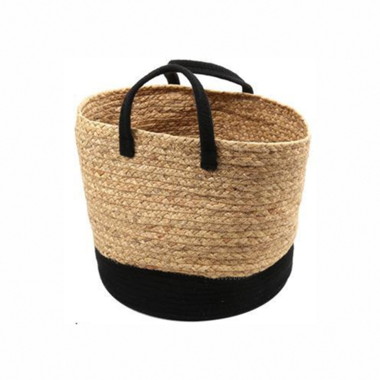 Medium woven water hyacinth storage basket with a black rope base and black handles - PABOOM