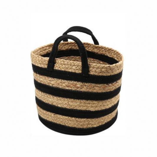 Small striped storage basket in natural woven water hyacinth with black rope bands and black handles - PABOOM