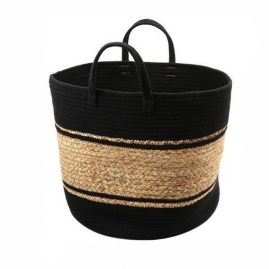 Large black rope storage basket with a natural woven water hyacinth centre band and black loop handles - PABOOM