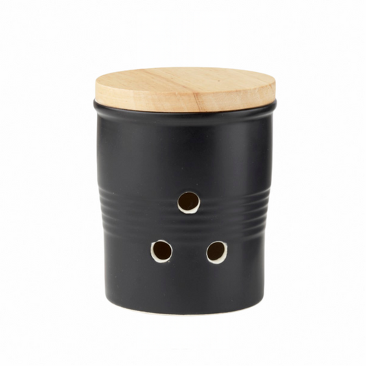 Matte black stoneware garlic keeper with vent holes and bamboo lid - PABOOM