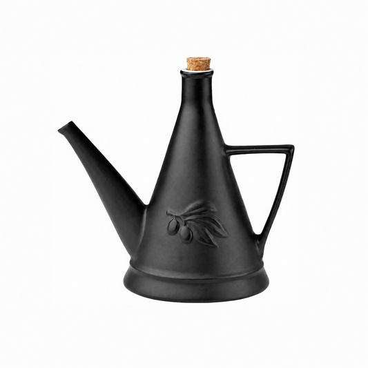 Matte black stoneware oil can with long spout and cork stopper - PABOOM
