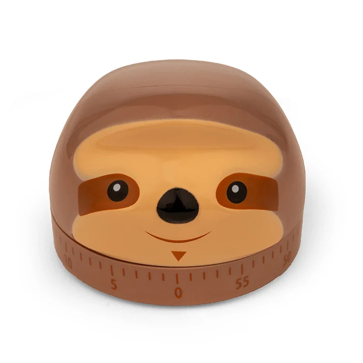 Kitchen timer shaped like a smiling sloth face with a dial marked in five-minute increments.
