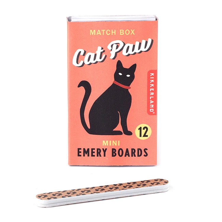 Coral matchbox-style packaging labeled 'Cat Paw Mini Emery Boards' with a black cat illustration, paired with a cat-paw-print nail file.