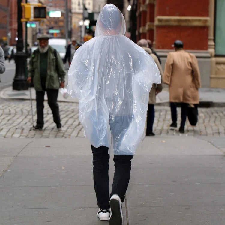 Emergency rain poncho folded into its compact storage size.