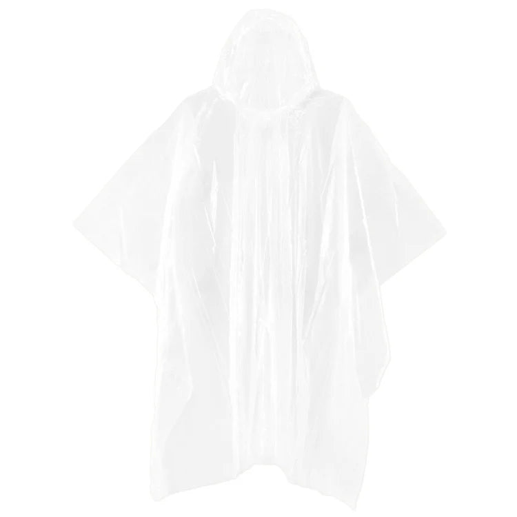 Clear hooded emergency rain poncho displayed flat, showing full-length coverage and short sleeves.