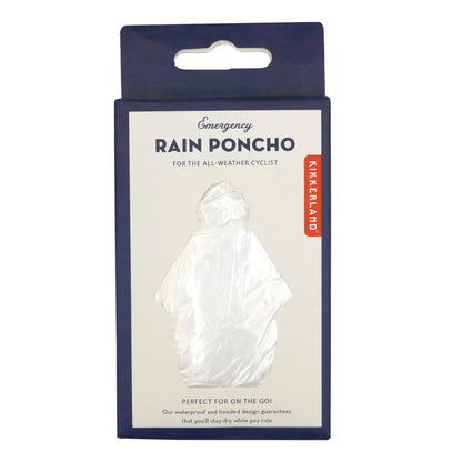 Emergency rain poncho packaging shown on white background.