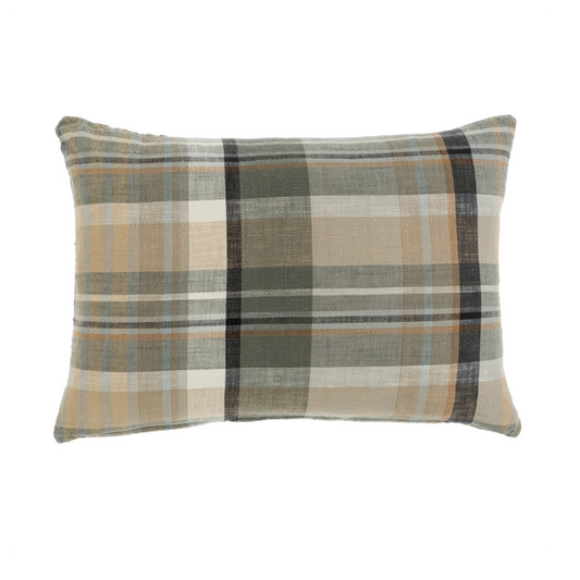 Rectangular lumbar pillow with a woven plaid pattern in sage green, tan, and black