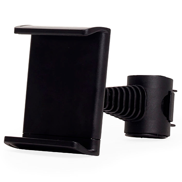 Black plastic golf selfie clip with phone holder attachment and clamp for a golf club shaft.