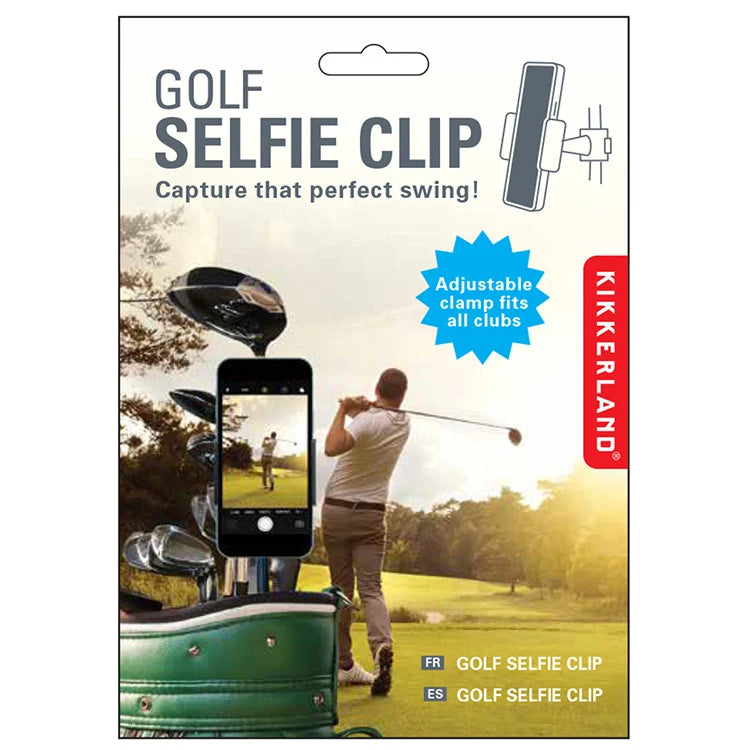Golf selfie clip packaging on white background.