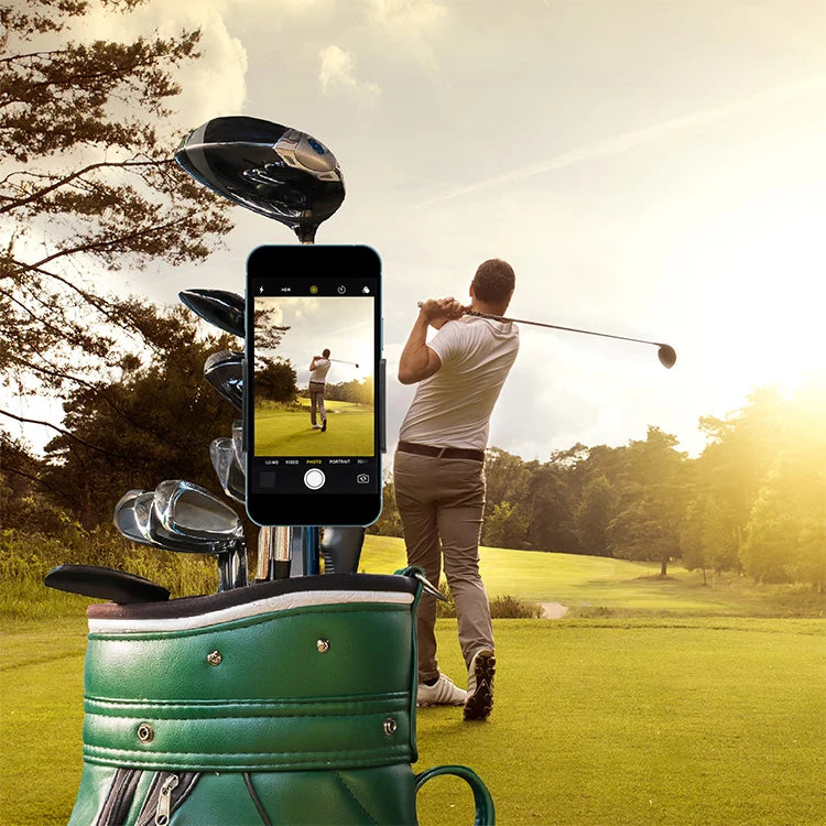 Golf selfie clip shown from a side angle displaying the clamping mechanism.