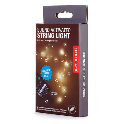 Sound Activated String Light packaging showing warm LED fairy lights connected to a smartphone, with 'Flashes to the Beat!' callout.
