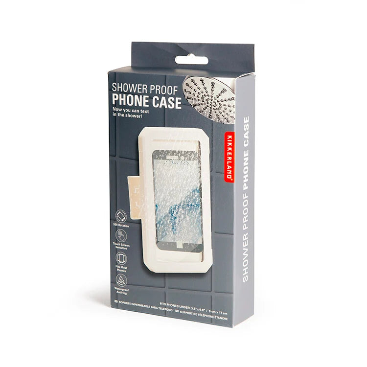 Shower Proof Phone Case packaging shown on an angle, displaying a phone mounted on a shower tile wall with waterproof cover.