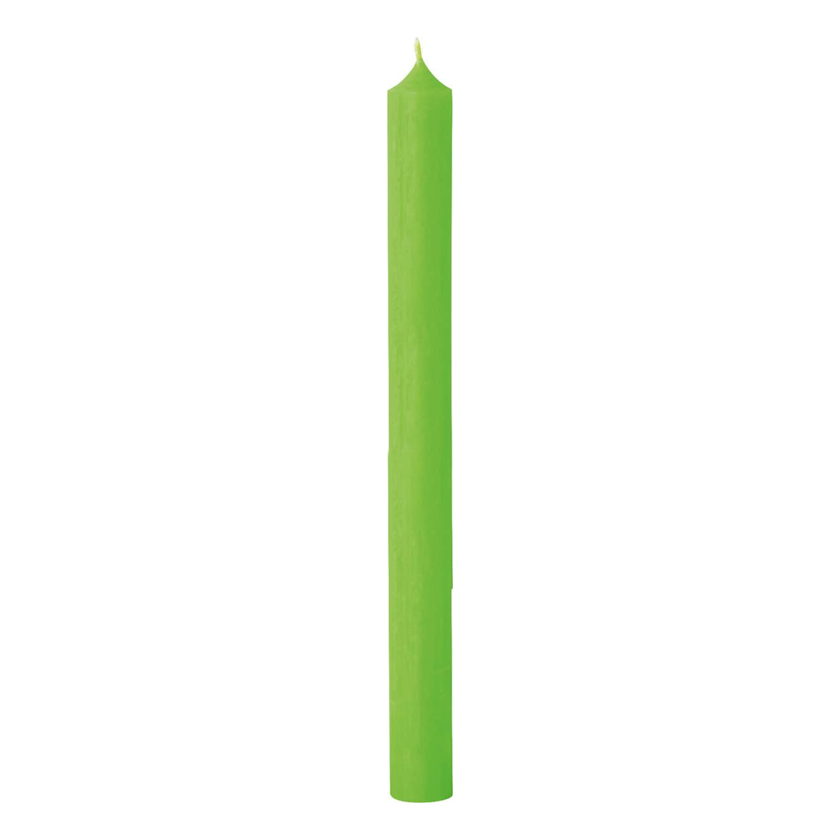 Tall neon green tapered dinner candle with pointed wick, standing upright