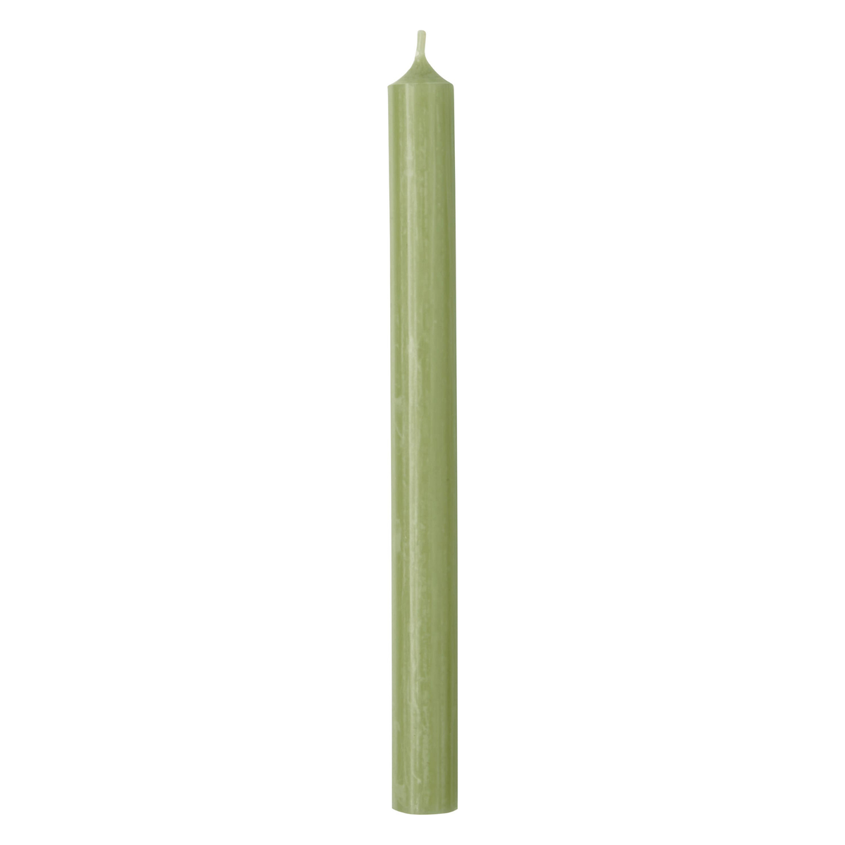 Tall sage green tapered dinner candle with pointed wick, standing upright