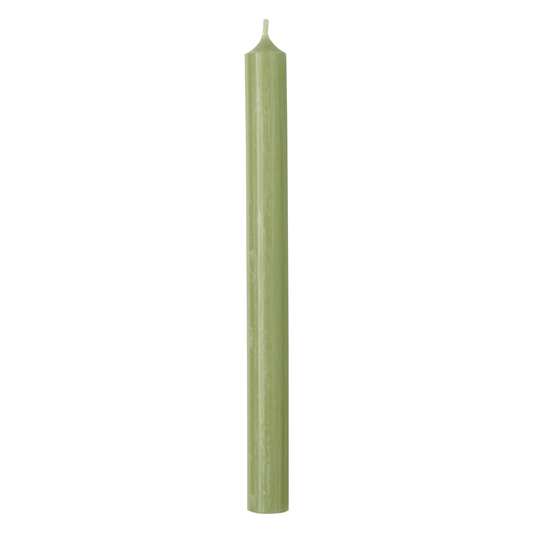 Tall sage green tapered dinner candle with pointed wick, standing upright