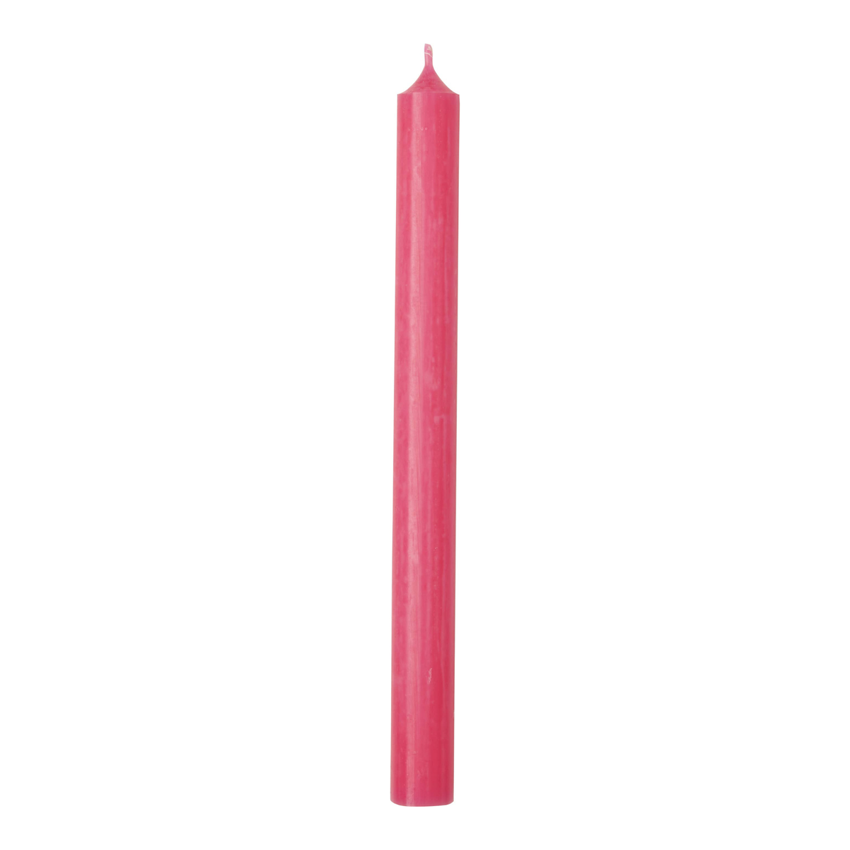 Tall pink tapered dinner candle with pointed wick, standing upright