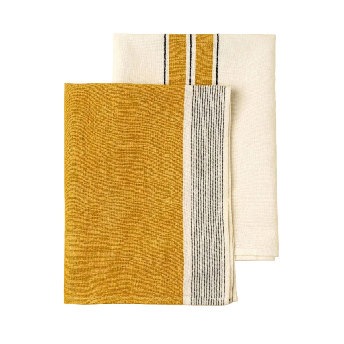 Set of two French stripe tea towels in mustard yellow with a grey stripe and cream with yellow stripes - PABOOM
