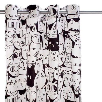 Cat Faces Black + White Curtain Panel