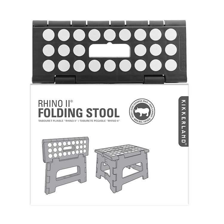 Rhino II step stool product label detailing weight capacity and folding design.