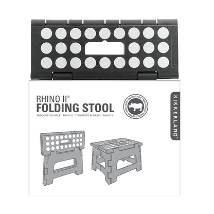 Rhino II step stool product label detailing weight capacity and folding design.