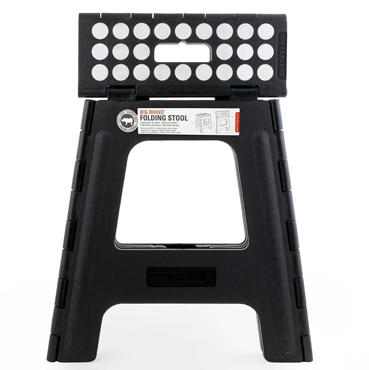 Black folding step stool packaging label with Rhino II branding.