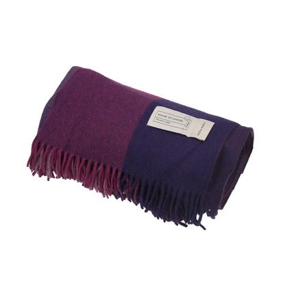 Folded Purple Mix Check wool herringbone throw blanket with navy colour-block panel and House of Juniper label - PABOOM
