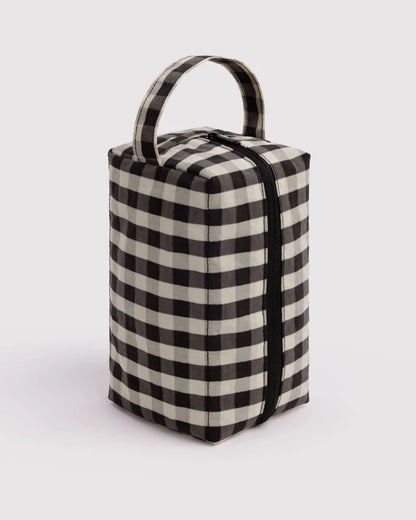 BAGGU Dopp Kit in Black and Cream Gingham with zip top closure and carrying loop - PABOOM