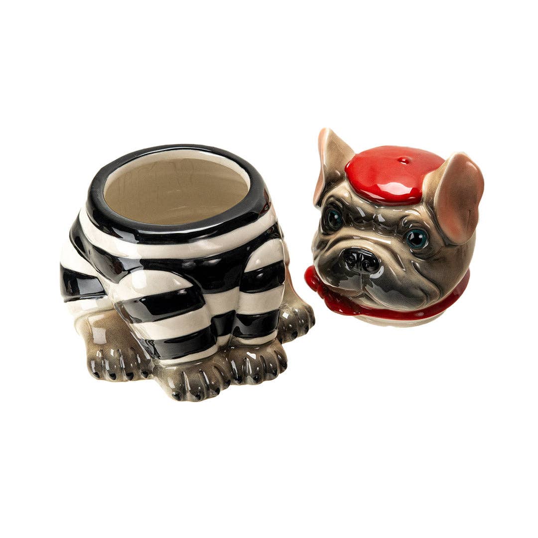French Bulldog cookie jar lid removed showing storage interior