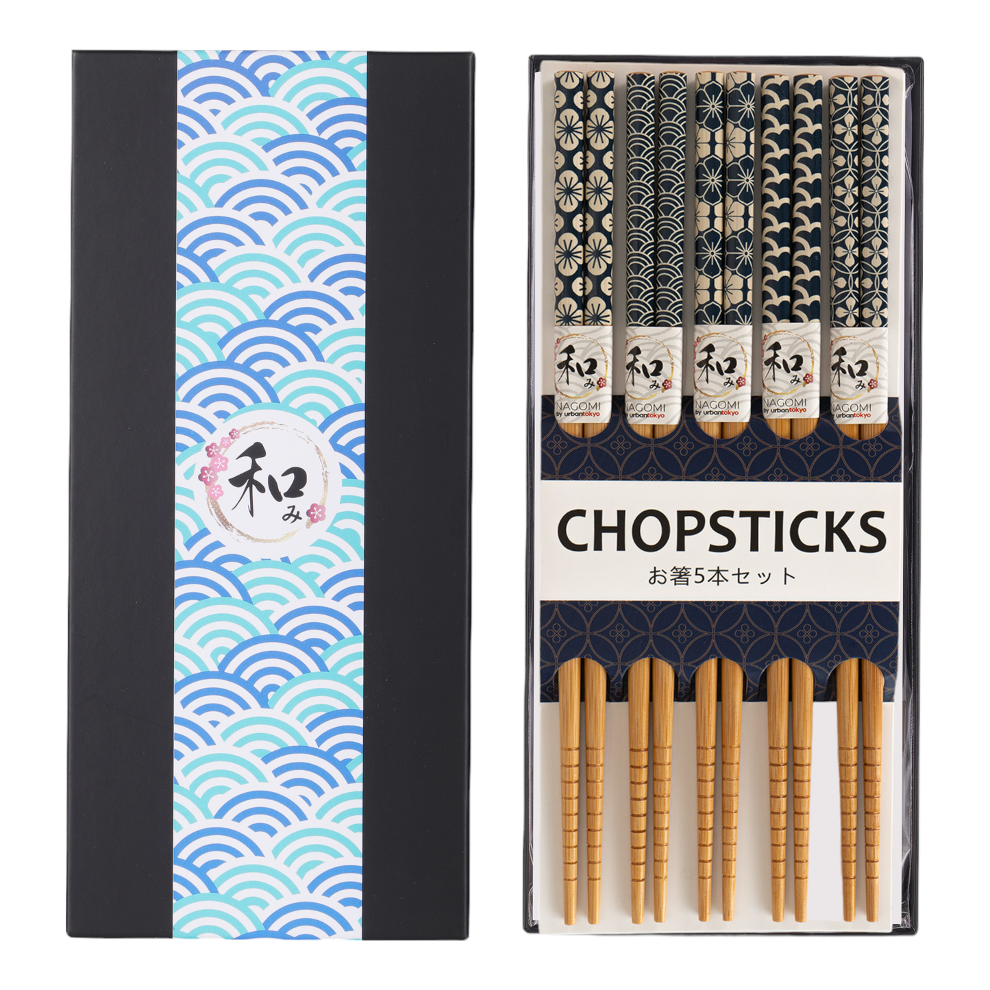 Five pairs of bamboo chopsticks in coordinating Japanese-pattern sleeves labeled Nagomi, packaged beside a black and teal wave-print gift box